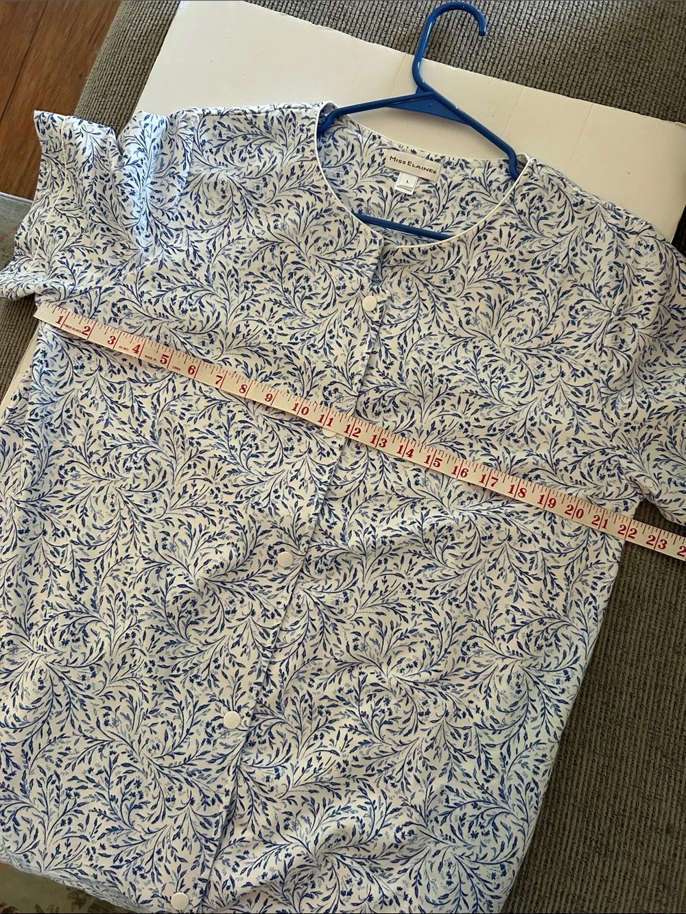 Miss Elaine robe blue stems Blue White Floral snap-Front housecoat NEW RV $71